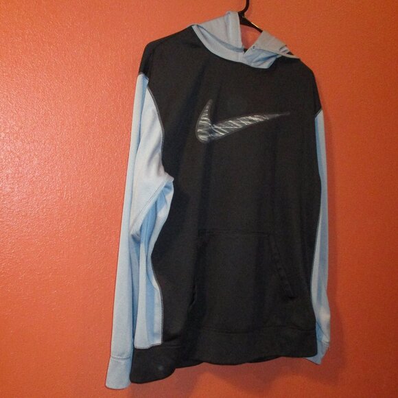 Nike Men Large Black Blue Swoosh Long Sleeve Therma Fit Pullover Hoodie - Picture 2 of 6